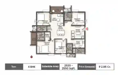 Brigade Enclave 4 BHK floor plan, 2530 sq ft saleable area