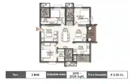 Brigade Enclave 3 BHK floor plan, 2015 sq ft saleable area